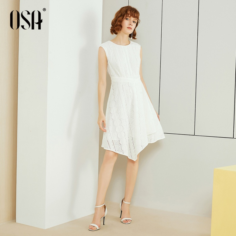 OSA欧莎无袖A字连衣裙2019新款夏女白色气质高腰裙子收腰显瘦洋气