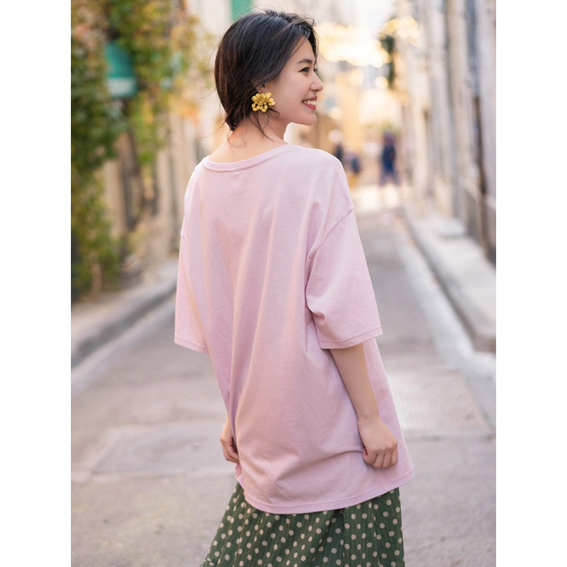 茵曼T恤女2019夏装新款圆领印花休闲显瘦宽松落肩袖中长款上衣