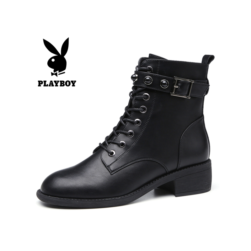 PLAYBOY/花花公子冬季加绒休闲韩版纯色系带圆头粗跟网红马丁机车靴女K12299220
