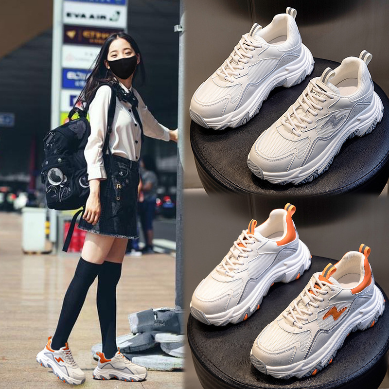 策霸吸膜底老爹鞋春季2021新款厚底运动跑步鞋子女休闲透气真皮女鞋潮