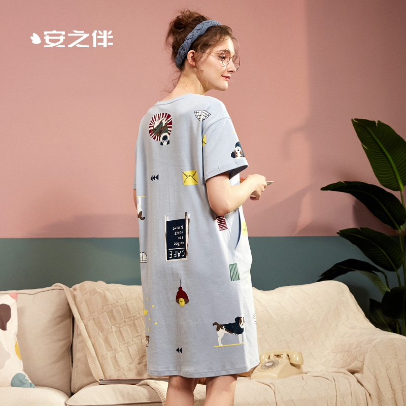 安之伴睡裙女夏冰瓷棉印花短袖女裙
