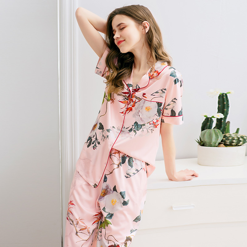 芬腾夏季睡衣女冰丝甜美可爱仿真丝绸家居服短袖阔脚裤两件套装