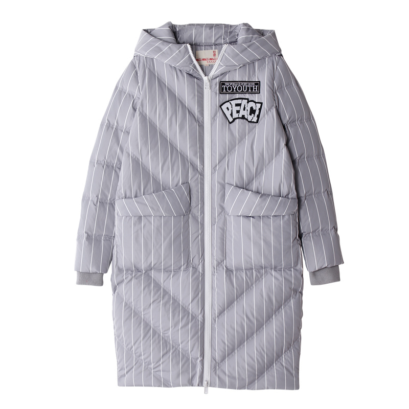 初语时尚条纹中长款羽绒服女连帽加厚保暖外套面包服