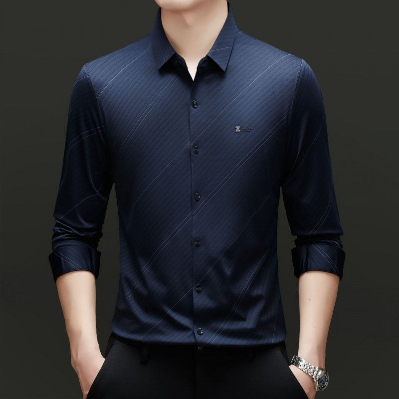 2025男装长袖衬衫条纹春秋男士上衣弹力抗皱修身薄款中年衬衣男