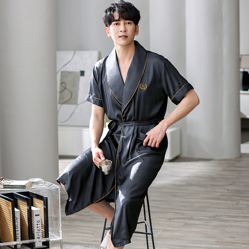 冰丝男士睡袍夏季薄款短袖仿真丝绸睡衣加大码宽松家居服浴袍晨袍