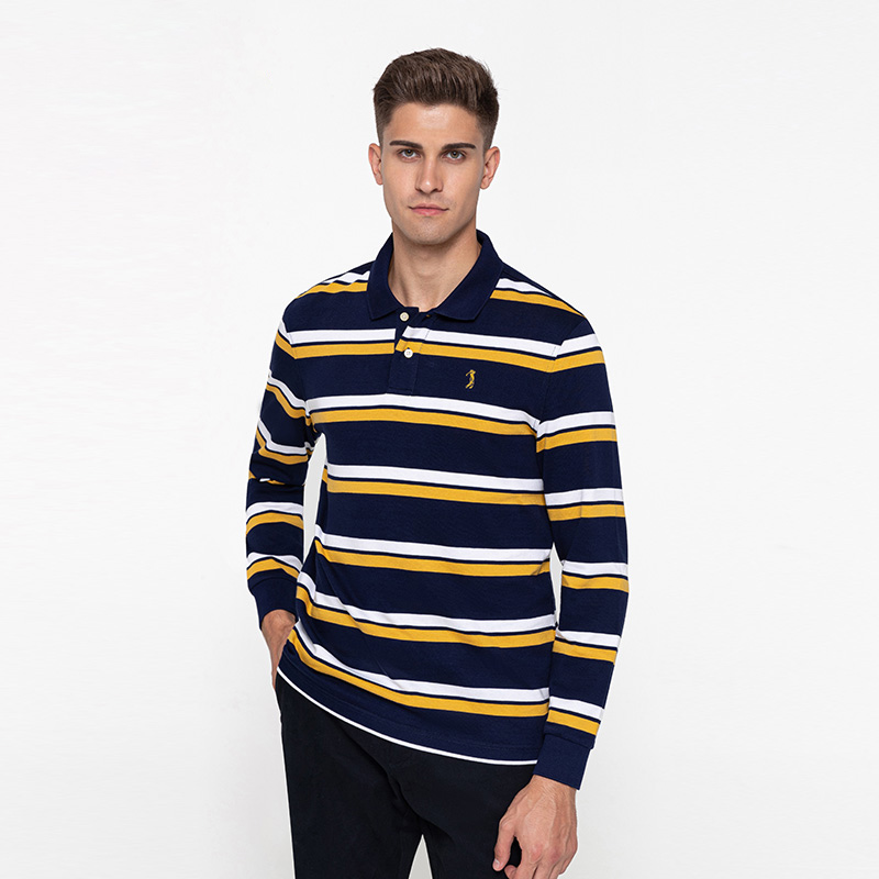 golf/高尔夫秋冬商务长袖polo衫男条纹撞色海军海魂风保罗男装