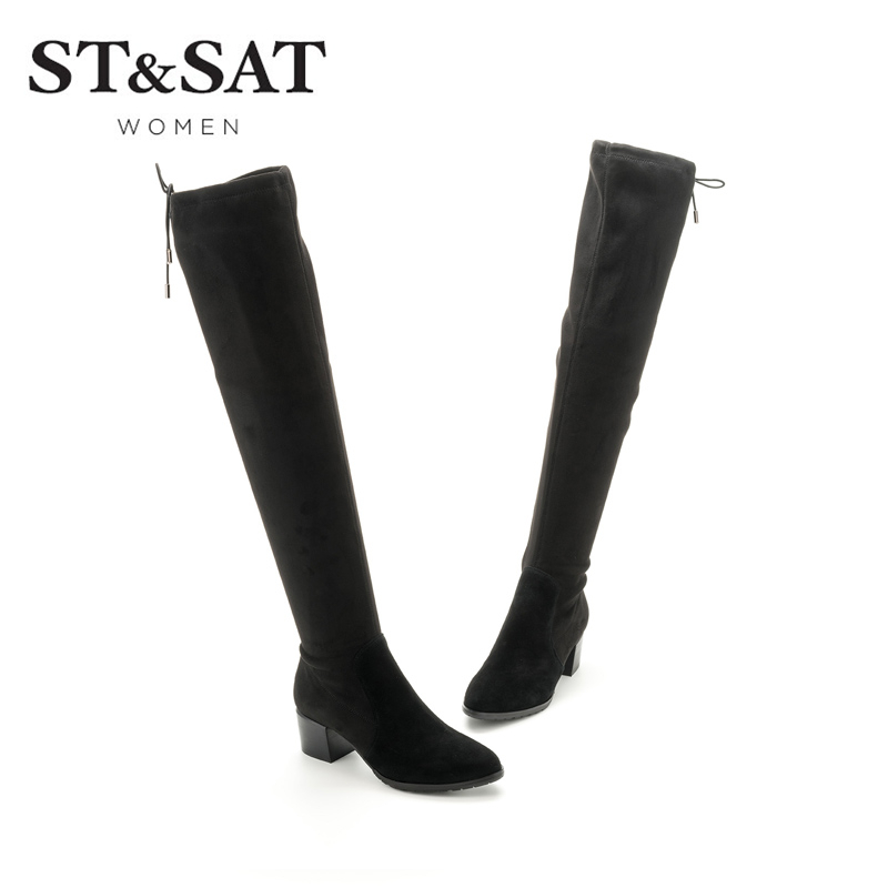 St&Sat/星期六冬款羊反绒尖头粗跟过膝长靴女靴SS74117078
