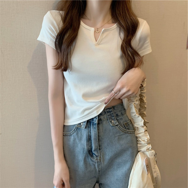 小V领短款设计感修身上衣女夏季露脐纯色短袖T恤女性感女装潮