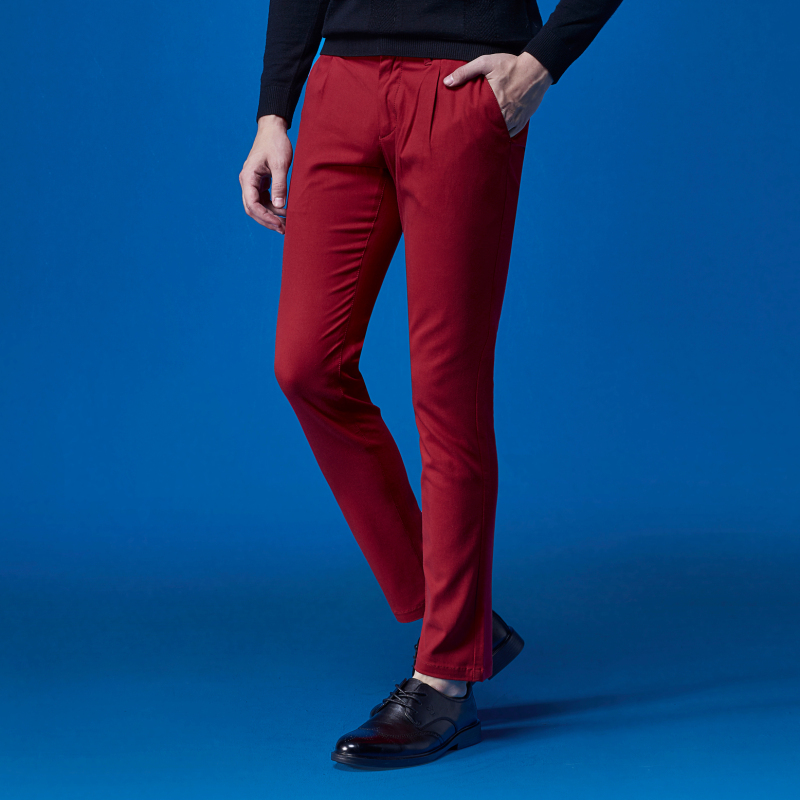 gg男士冬季裤子本命年休闲裤男新款修身小脚裤大红色秋冬男裤视频
