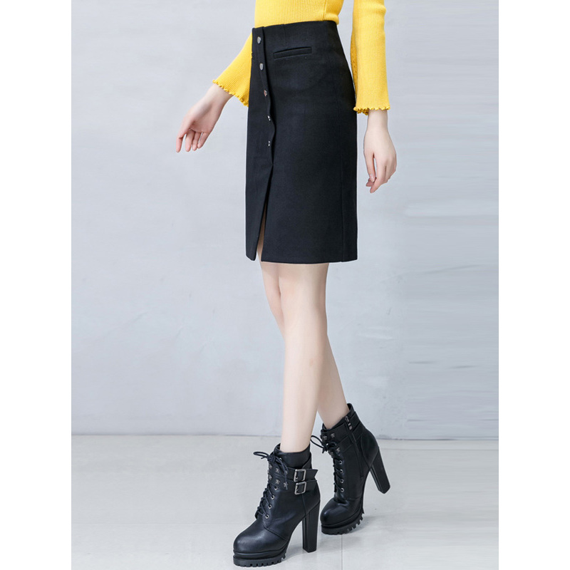 丝柏舍2019春季新款女韩版纯色简约高腰纽扣包臀半身裙S84R1309B
