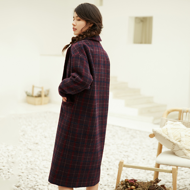 茵曼女装秋冬翻领文艺复古宽松落肩毛呢外套大衣女