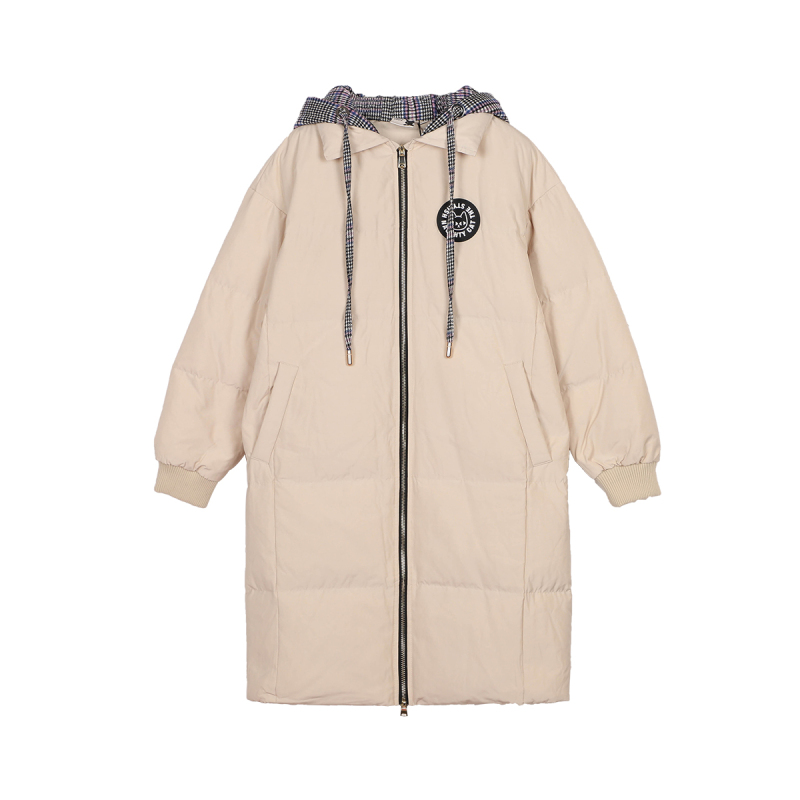 a02新款学院风字母印花格子连帽中长款羽绒服女DTU5B0041CT