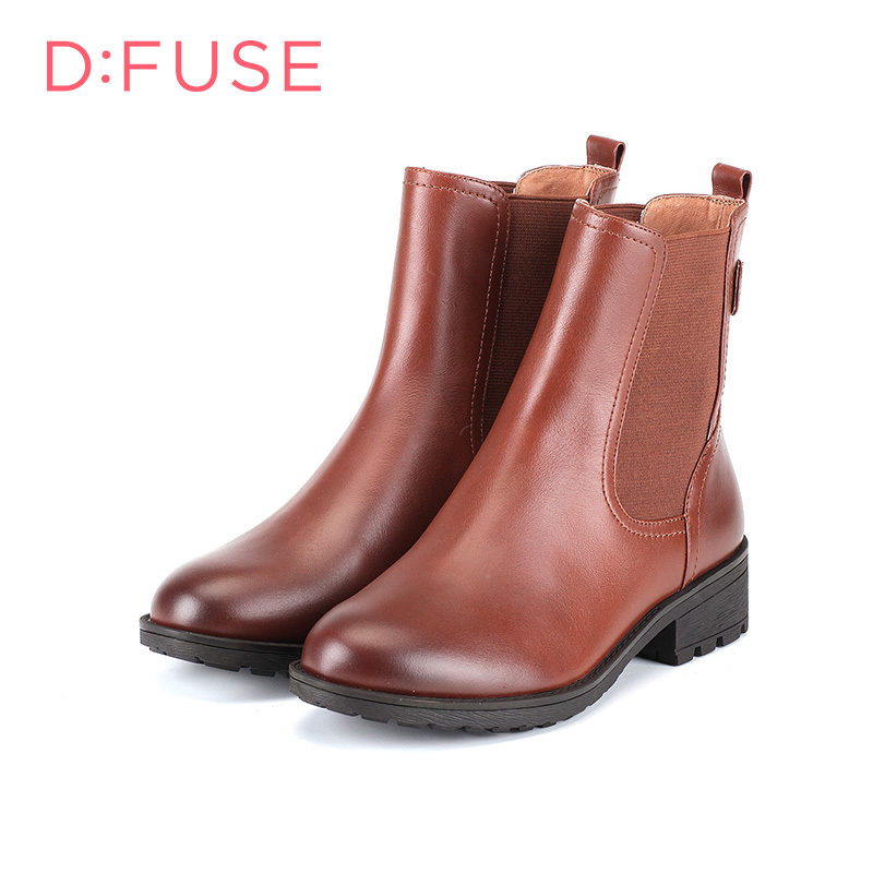 D：Fuse/迪芙斯冬新款牛皮圆头中跟切尔西短靴女鞋DF54115146_GMB43