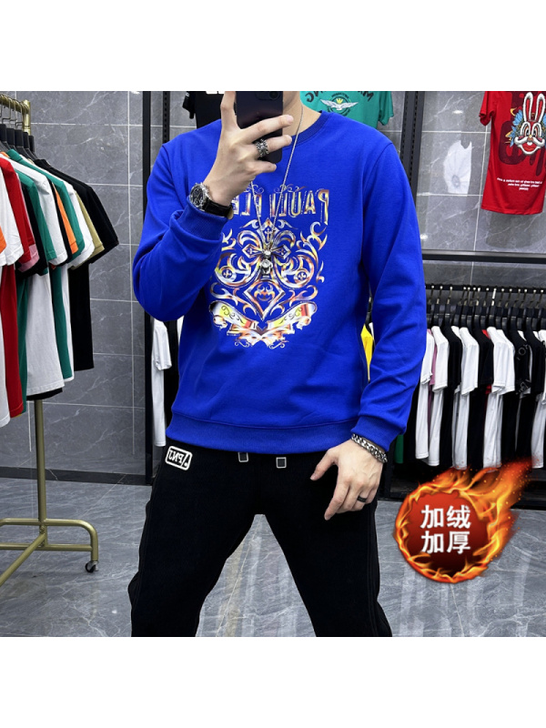 欧洲站加绒重工圆领卫衣男士套头长袖体恤打底衫上衣时尚烫钻潮流