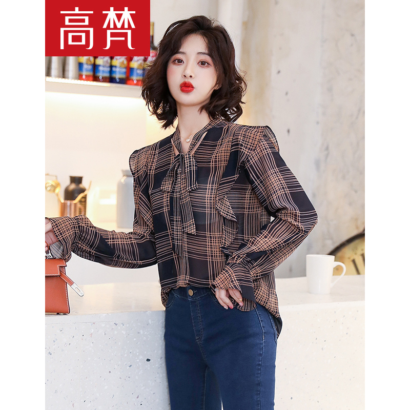 高梵衬衫女2020春季新款长袖荷叶边蝴蝶结设计感上衣气质格子衬衫