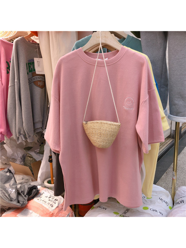 笑脸刺绣夏季韩版新款短袖T恤女宽松打底衫上衣韩国女装