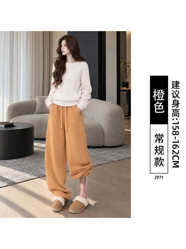 运动裤子女秋冬加厚摇粒绒保暖棉裤外穿小个子粉色垂感阔腿裤