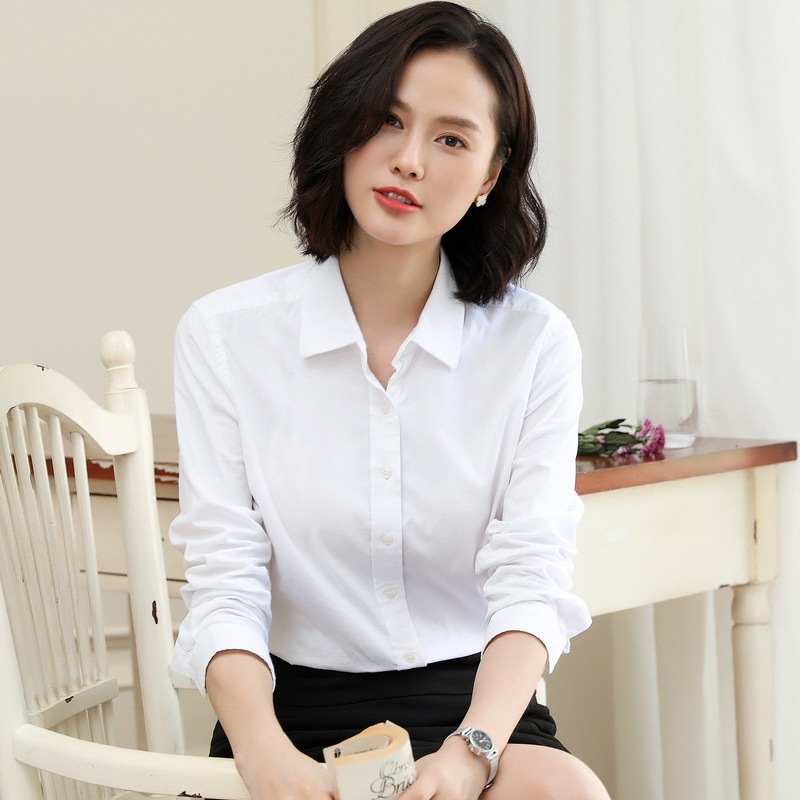 恒源祥纯色衬衫女长袖秋季职业正装修身纯棉衬衣薄修身上衣