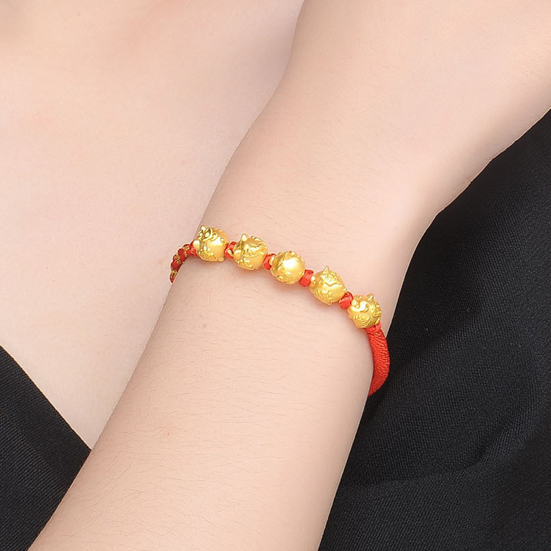 蒂蔻 五福临门猪生肖黄金手链宝宝款吉祥编织红绳足金手饰拉伸款3d硬