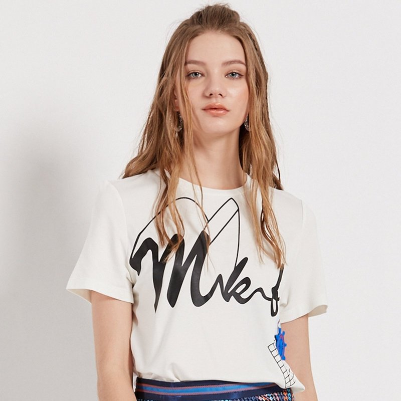 马克华菲女装2019夏新款港风字母印花白色t恤女拼接学生短袖上衣