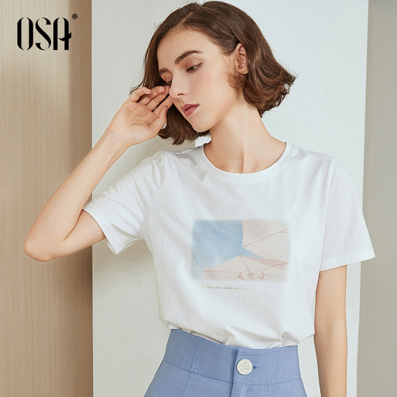 OSA欧莎白色印花T恤女2019新款夏短袖宽松显瘦上衣ins潮情侣装