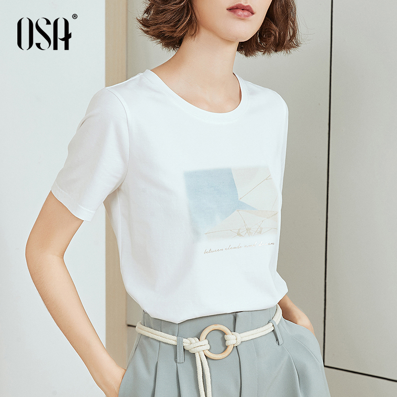 OSA欧莎白色印花T恤女2019新款夏短袖宽松显瘦上衣ins潮情侣装