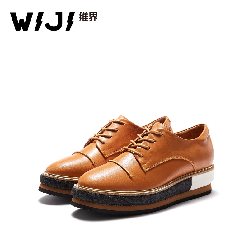 WIJI维界2018秋季新款欧美休闲皮鞋羊皮系带厚底时尚韩版潮流女鞋