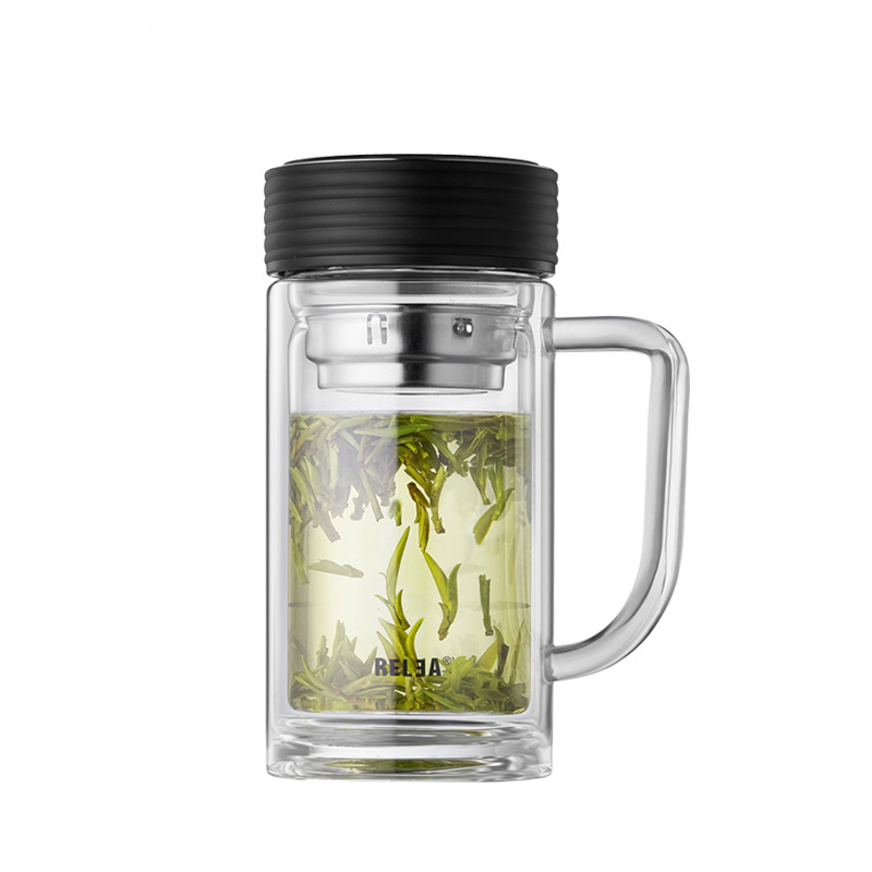 物生物(RELEA) 玻璃杯 双层 水晶茶杯带 手柄 商务 男士女士泡茶杯过滤网加厚大容量水杯360ml