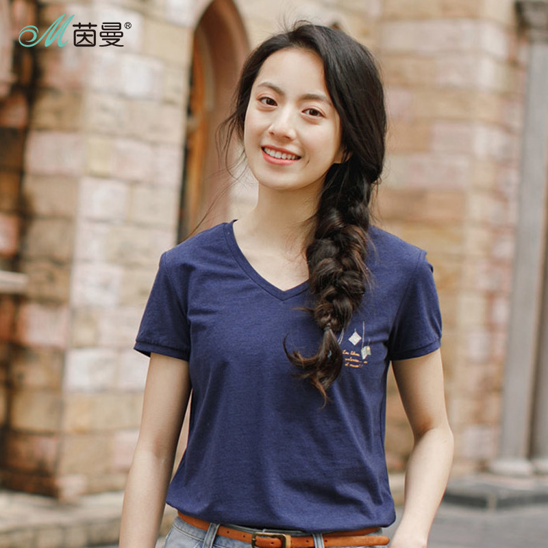 茵曼夏装新款简约v领印花百搭短袖弹性棉t恤女视频