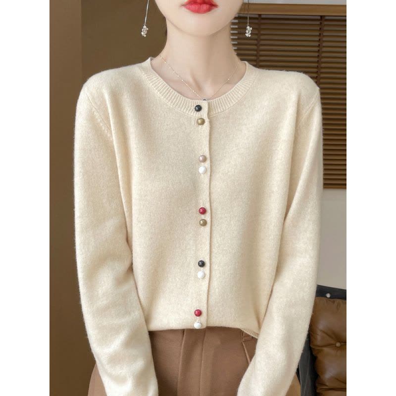 秋季新款小香风彩扣安迪绒针织圆领开衫女装毛衣外套上衣图片