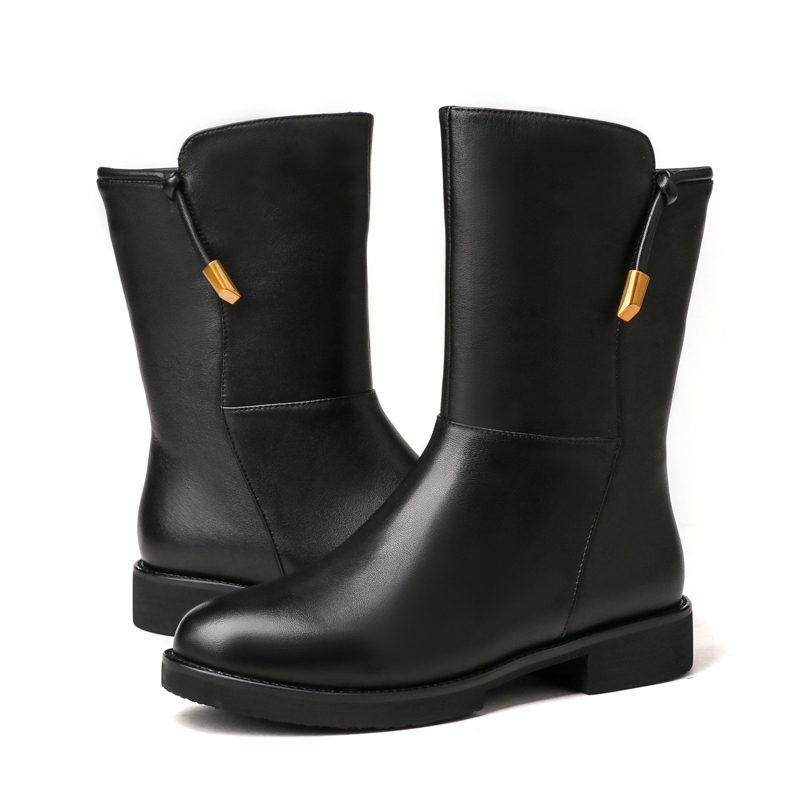 红蜻蜓女鞋冬季新款真皮英伦平底中筒靴百搭加绒保暖女士靴子