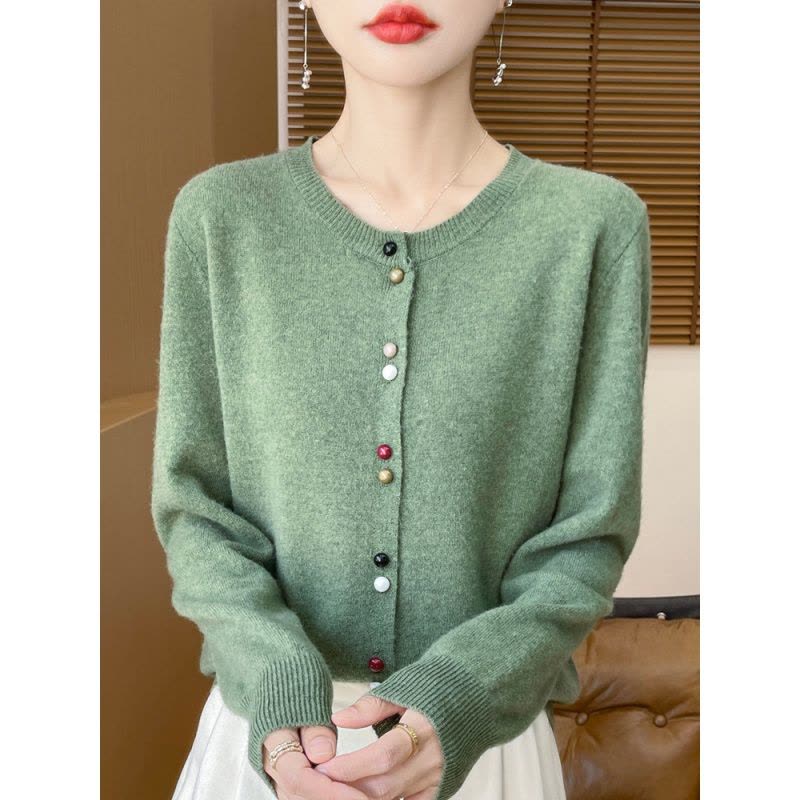 秋季新款小香风彩扣安迪绒针织圆领开衫女装毛衣外套上衣图片
