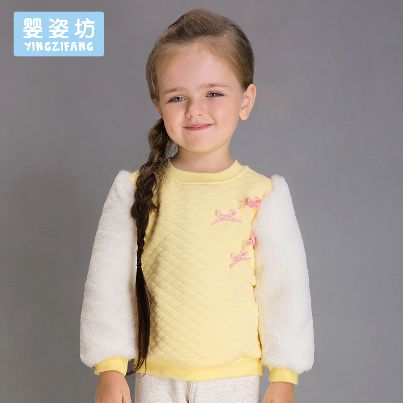 婴姿坊童装女童圆领长袖T恤宝宝毛毛袖打底衫秋冬款上衣
