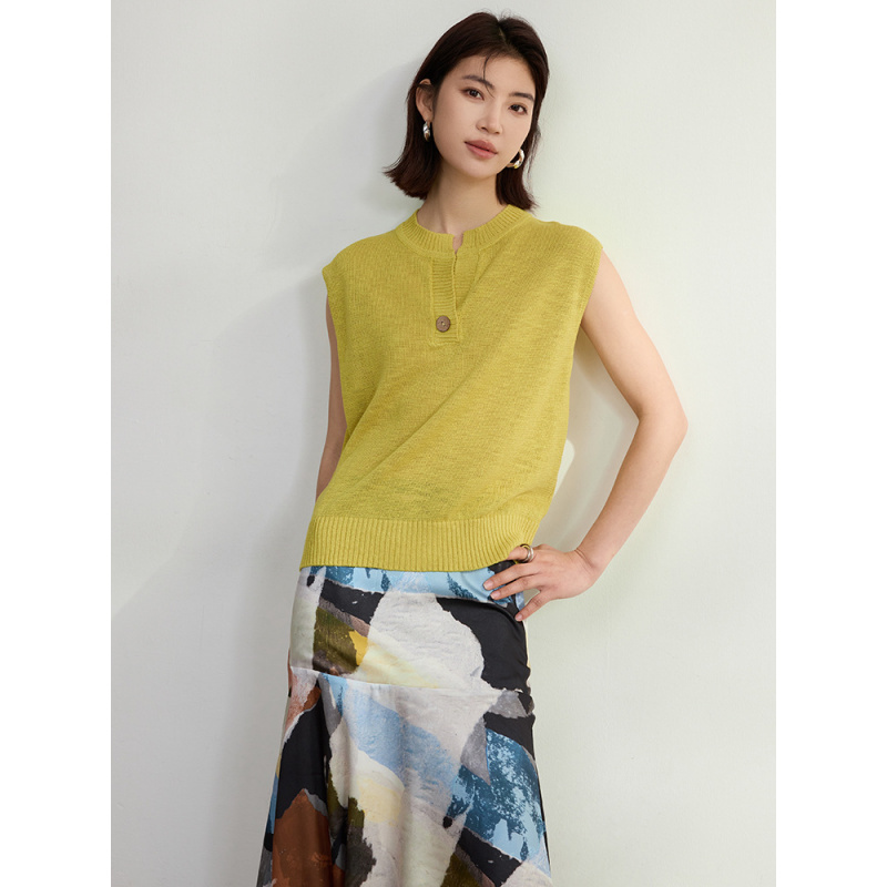 和纸纱纯色镂空针织衫女T恤夏季新款亨利领天丝罩衫宽松外穿上衣