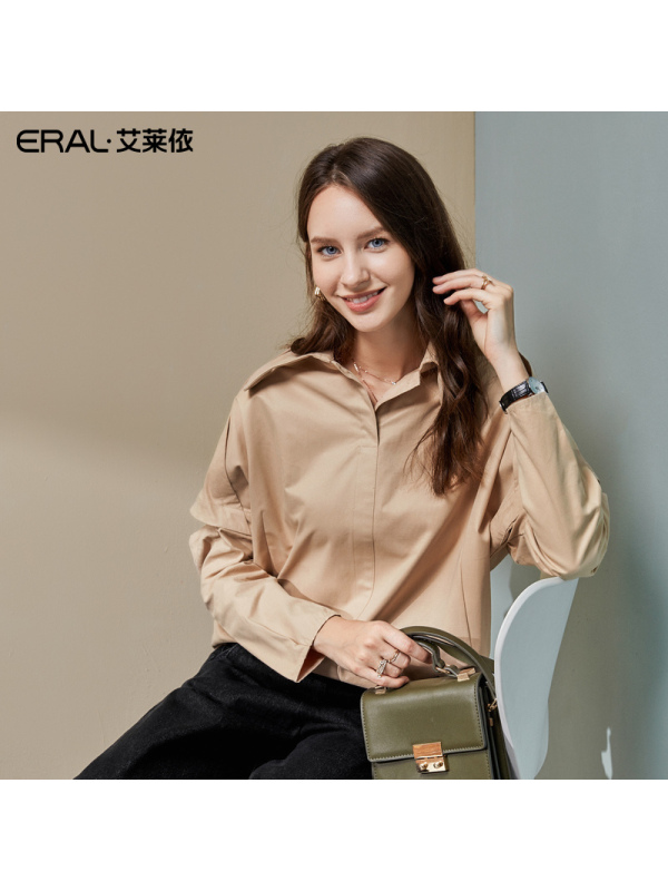 艾莱依2019秋季新款时尚设计感短款衬衫女纯色长袖上衣