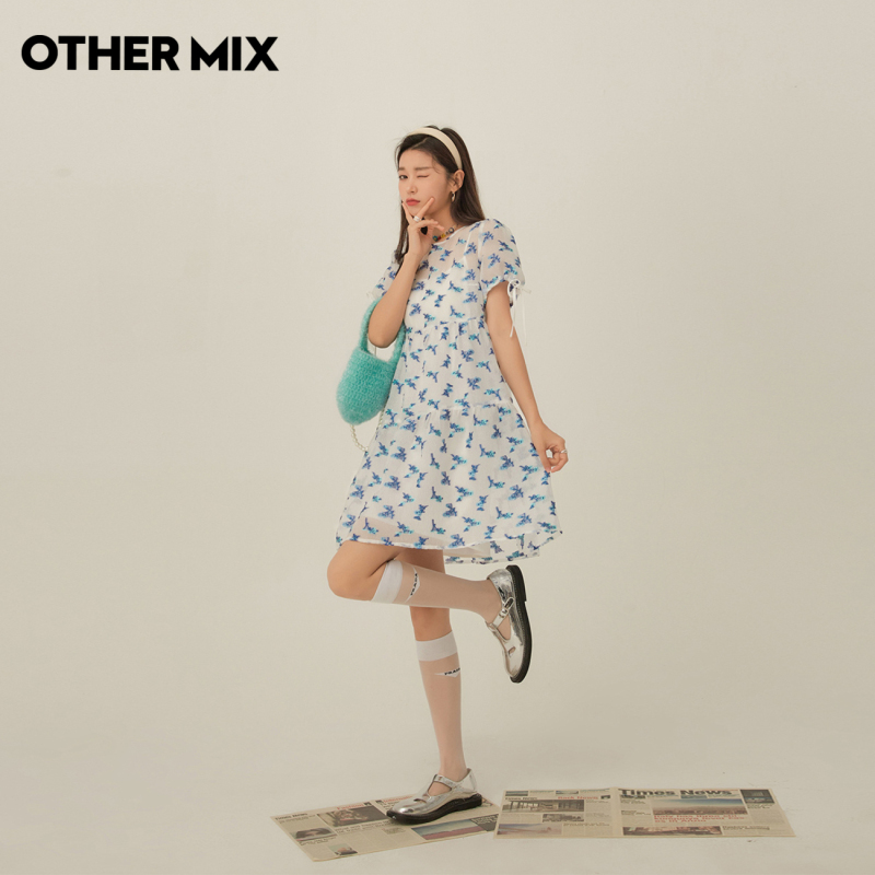 OtherMix碎花泡泡袖连衣裙女2021年夏季新款印花短袖圆领宽松裙子
