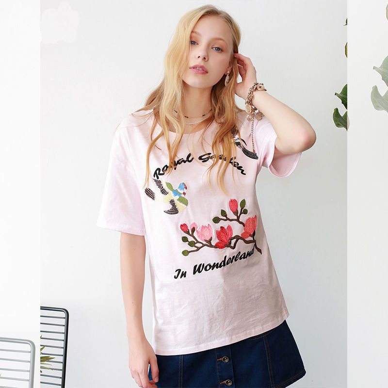 拉夏贝尔lababite夏装t恤女短袖新款甜美立体花朵钉珠刺绣t恤女学生