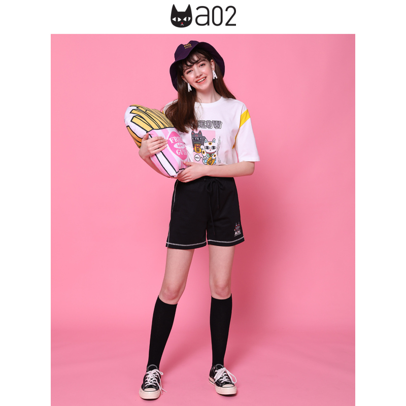 a02新款2020玩趣猫卡通印花撞色拼接短袖圆领T恤女DTV2C0091KT
