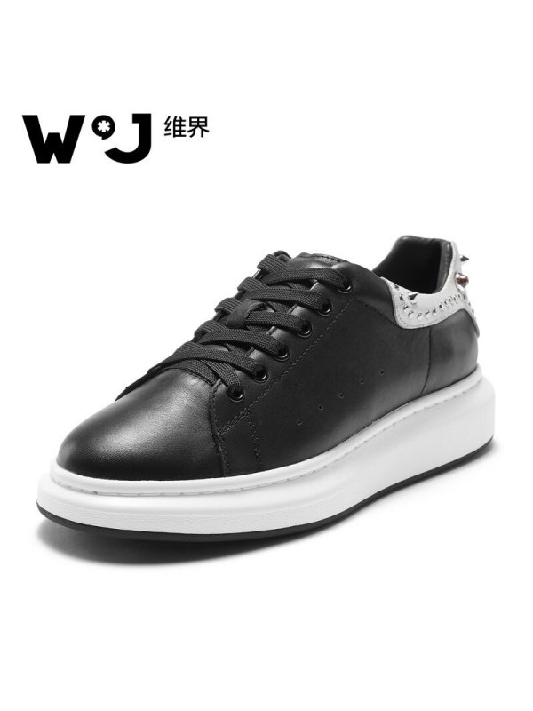 维界W*J冬季真皮潮流时尚个性板鞋青春增高耐磨铆钉户外休闲鞋 黑色 38