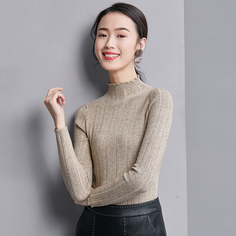 欧昵雪秋冬季木耳边半高领套头打底针织衫女长袖紧身毛衣