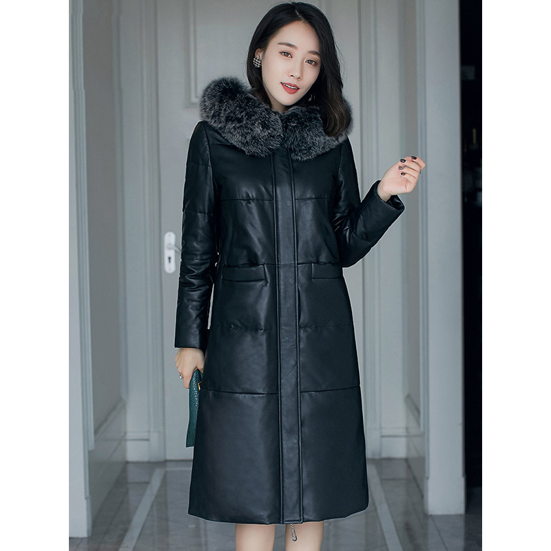 憨厚皇后 2018春季新款海宁真皮皮衣女狐狸毛领长款羽绒服外套71