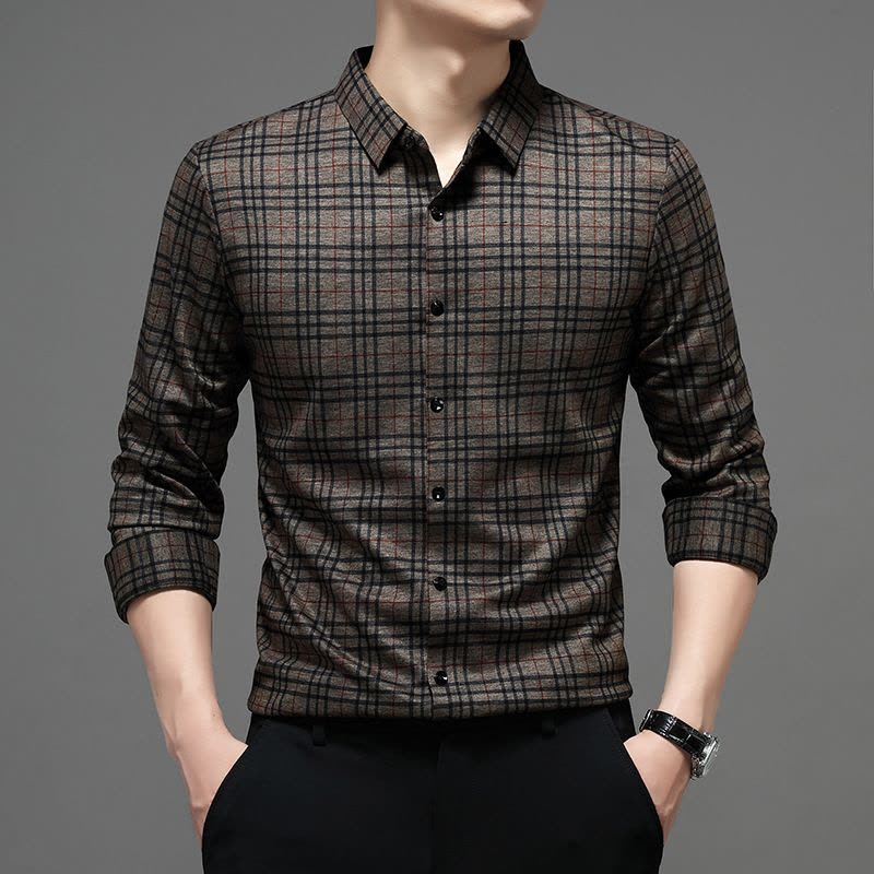 长袖衬衫春秋季开衫中年爸爸装商务休闲免烫格子衬衣服男图片