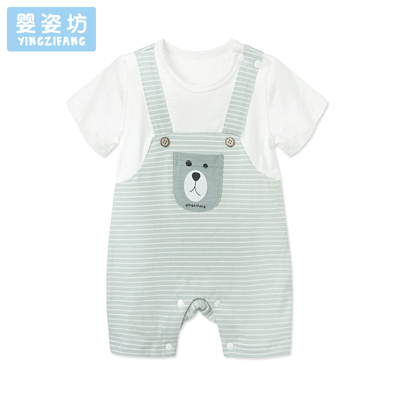男女幼童夏季圆领短袖假两件背带舒适连体衣3月-2岁66-90码