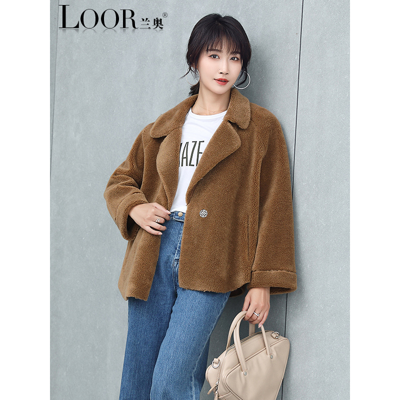 兰奥2018秋冬新品羊剪绒大衣女一粒扣羊毛皮草短款外套