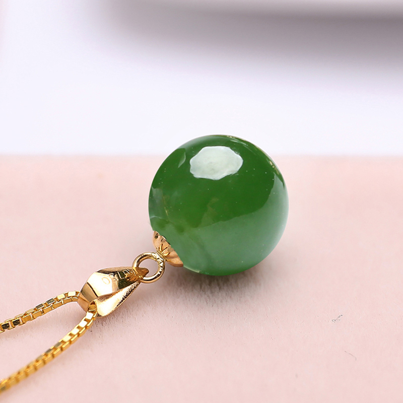 印象眸18k金镶和田玉碧玉项链菠菜绿圆珠锁骨链油润金镶玉吊坠附证书