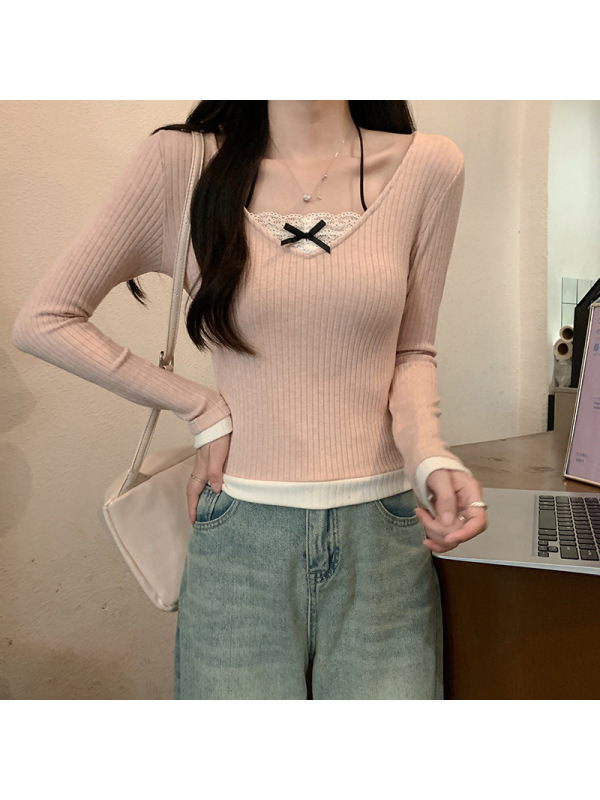 蕾丝拼接v领长袖T恤女春秋新款假两件内搭打底衫高腰短款上衣ins