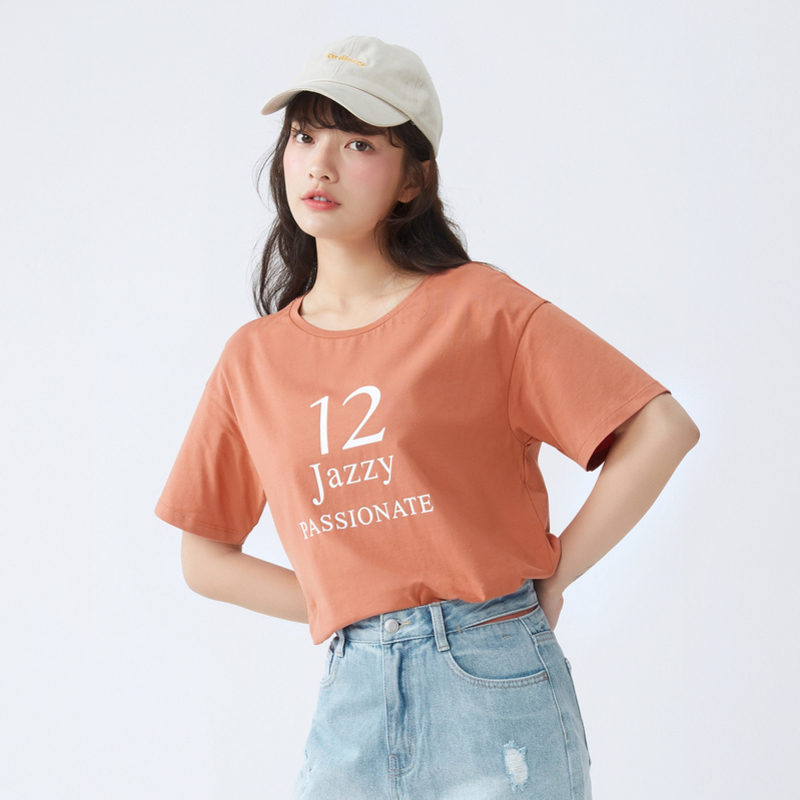 【满198减100预估价：21】森马夏季新款短袖T恤女落肩袖印花上衣潮流紫色上衣女设计感