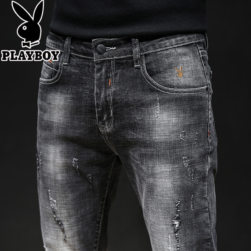 花花公子PLAYBOYJEANS牛仔裤男秋冬黑色修身型直筒弹力小脚男士长裤子潮