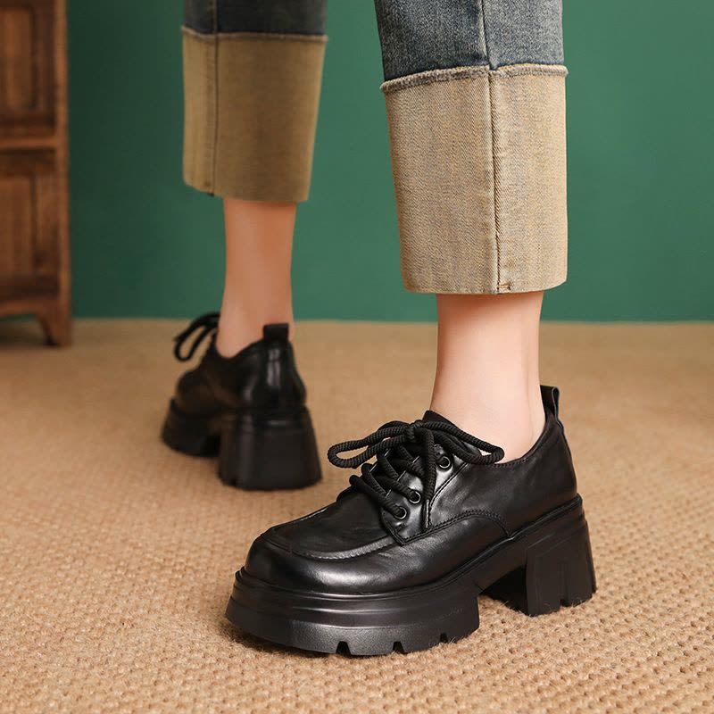 头层牛皮英伦风松糕厚底小皮鞋女2025春季新款时尚百搭系带单鞋图片