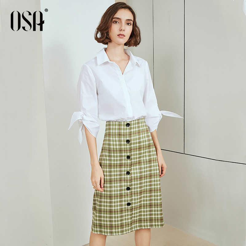 OSA欧莎2019新款夏格子a字半身裙高腰中长款绿色裙子女显瘦小清新